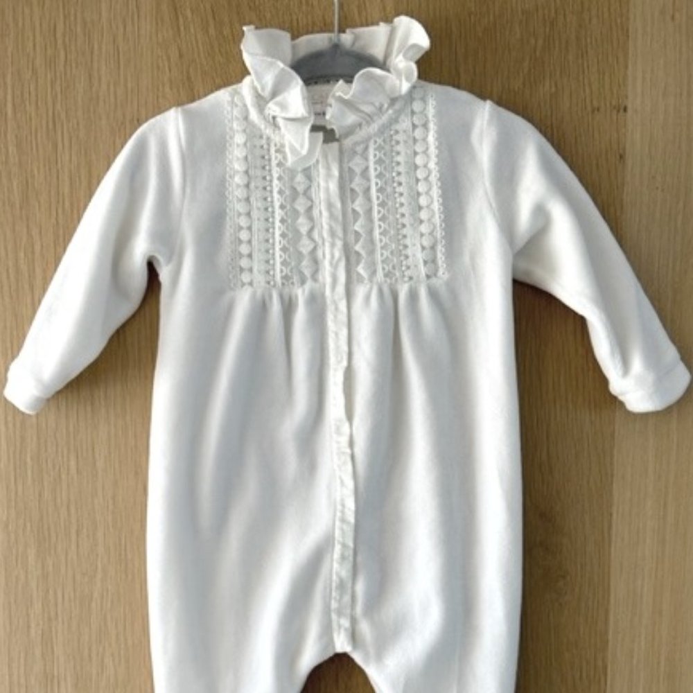 Chloe, embroidered, off white, velvet pajama, onesie, 6 mos, Baby